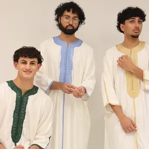 Moroccan Thobes - Luxurious Gabardine Fabric White Thobe with Authentic Double Sfifa Embroidery in Emerald Green Sky Blue & Gold for All Seasons