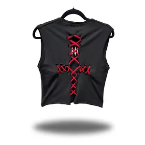 TheDriveClothing Road Rash Stitched Red Cross Black Crop Top – Unisex Y2K Streetwear Tee, Bold Black Cropped Shirt with Red Graphic, 100% Ring-Spun Cotton, Edgy Festival & Biker Outfit