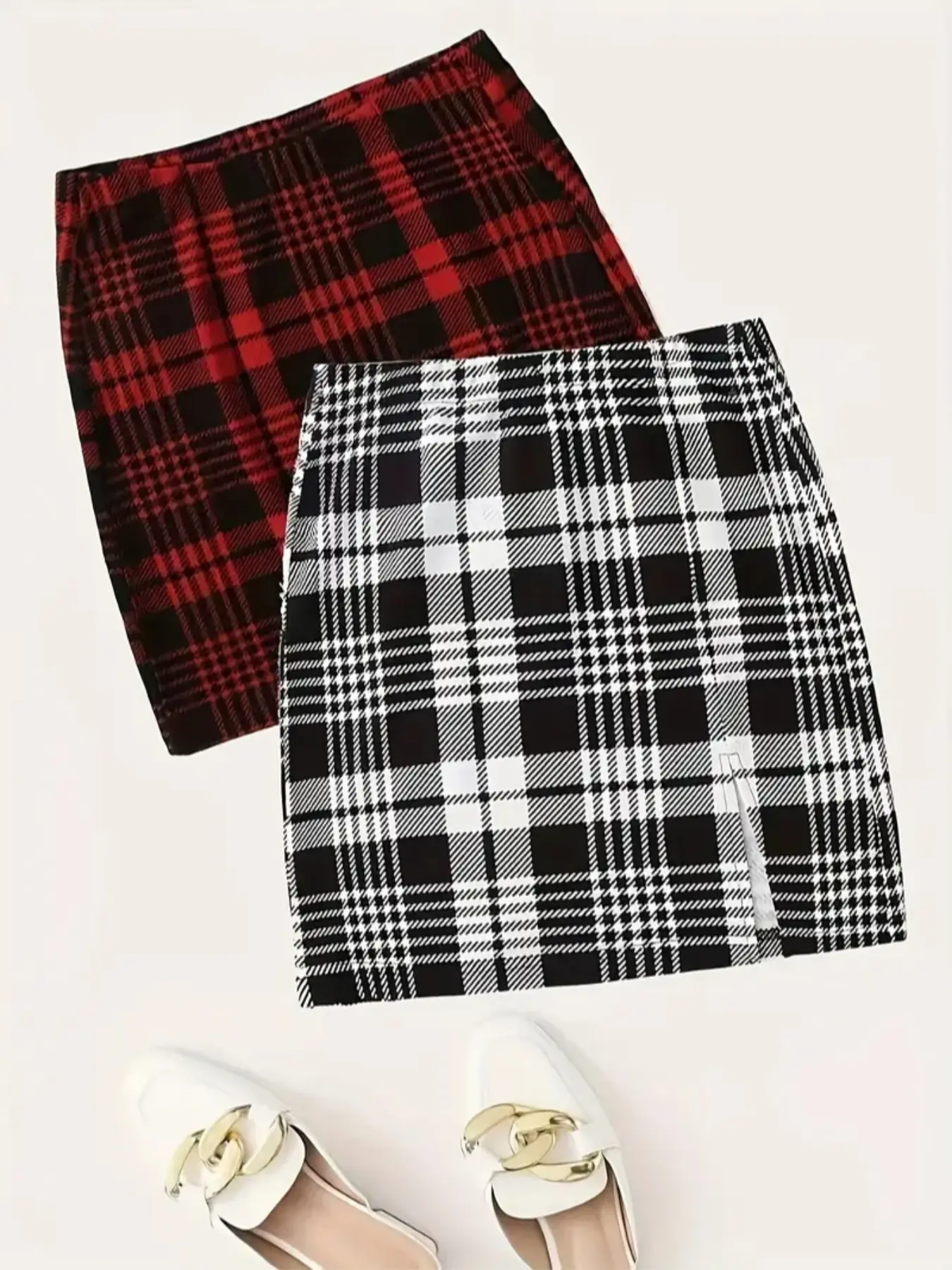 Elegant Fashion Preppy Plaid Sets Checkered Fitted Short Skirt Set, 2pcs Stylish Half-Sleeve Dress, Perfect for Casual & Formal Occasions, Casual Matching Set, Women's Clothing, Womenswear, for Lady