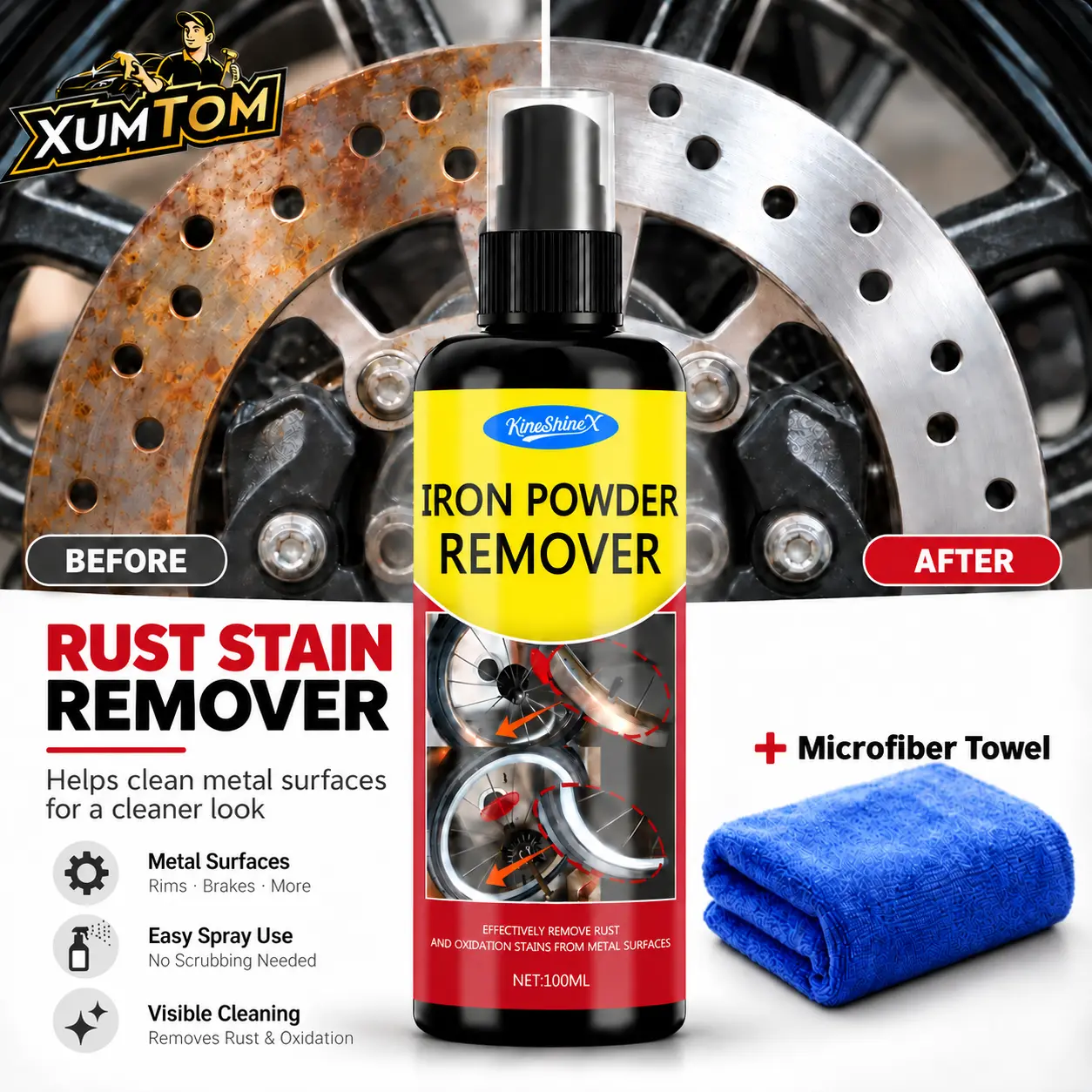 XUMTOM Iron Powder Remover 100ml - Effective Rust & Oxidation Remover for Wheels Bike Chain Tools Home Hardware removal