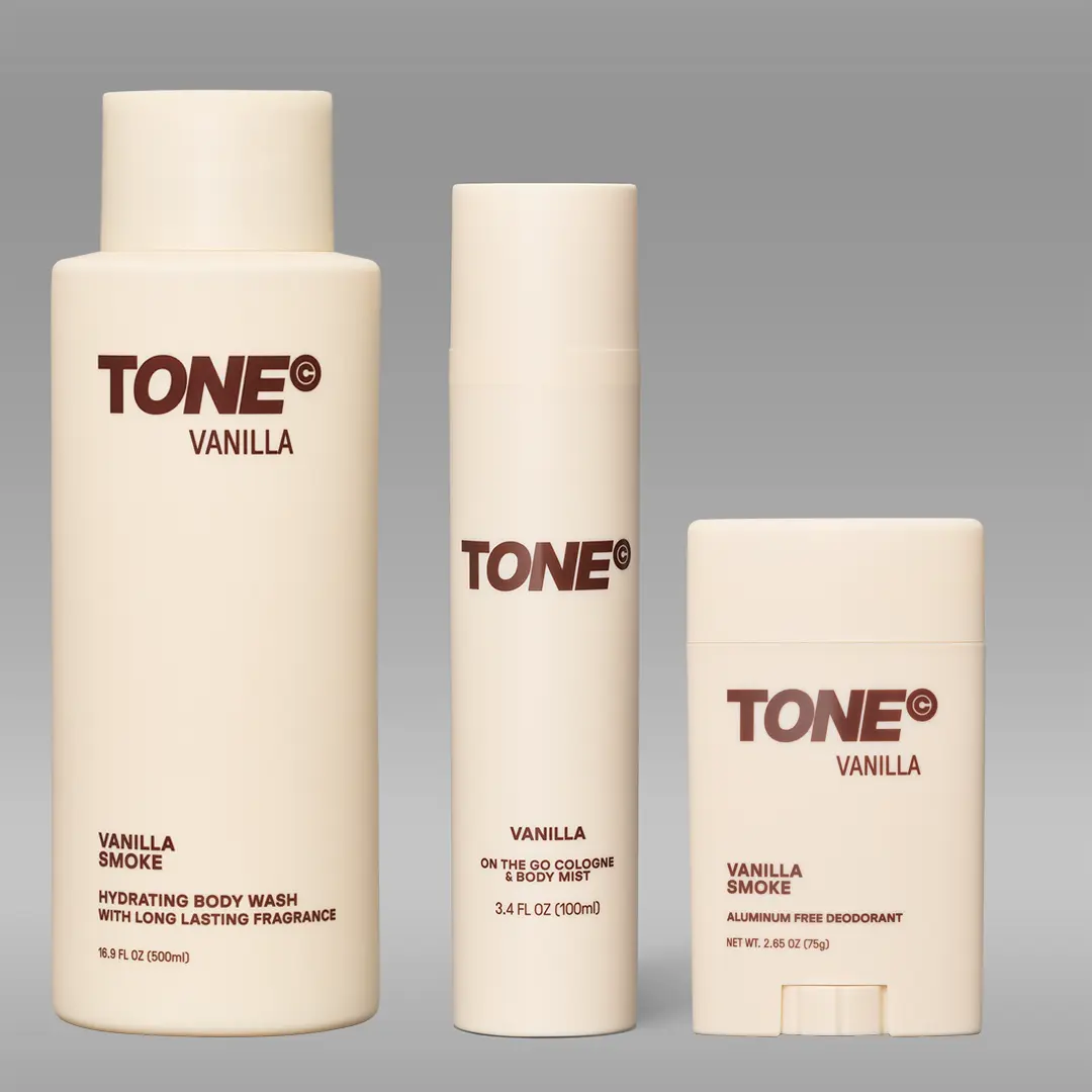 Tone Vanilla Scented Body Care Set, 3-Piece Collection for Moisture with Hydrating Body Wash, Aluminum-Free Deodorant & Cologne Mist, Body Mist, Cleansing