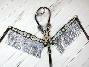 White Iridescent Leather Fringe Tack Set