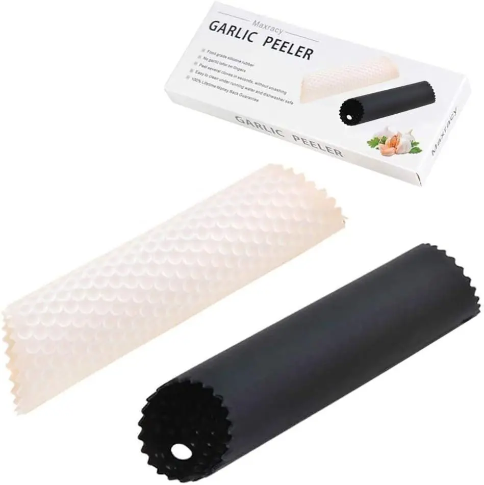 2-Set Silicone Manual Press Peelers - 13x3.5cm Easy Roller Tube Kitchen Peeling Utensils, Durable No Mess and No Odor Tool with Extra Large Hopper, Built-In Cleaner, Releases Odors, No Need to Peel First (Black, Clear)