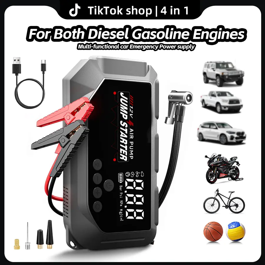 All-in-1 Car Jump Starter with 150PSI Air Pump - Portable Power Bank, Fast USB Charging, LED Emergency Light, Auto Tire Pressure Detection, Ideal for SUVs, Trucks, Motorcycles, Outdoor Adventures