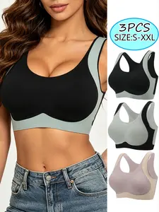 3-Pack Seamless Tank Color Block Sports Bras, Wireless Support for Natural Lift & Shape, Ideal for Everyday Fashion Wear, Summer Activewear, Seamless Shaping Bras