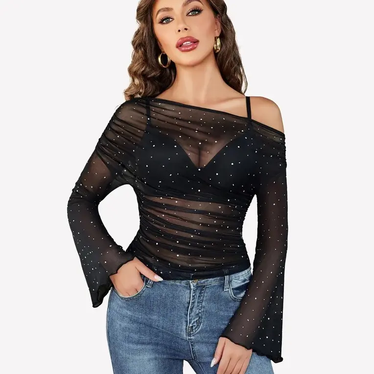 Avidlove Mesh Top for Women Long Sleeve Off The Shoulder Tops Clubwear Outfits Rhinestone Shirts S-XXL