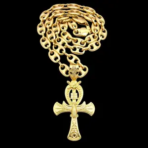 Hip Hop Horus of Bird Ankh Cross Cubic Zirconia Pendant 10mm 20" 24" 30" Mariner Chain Gold Silver Plated Necklace Jewelry
