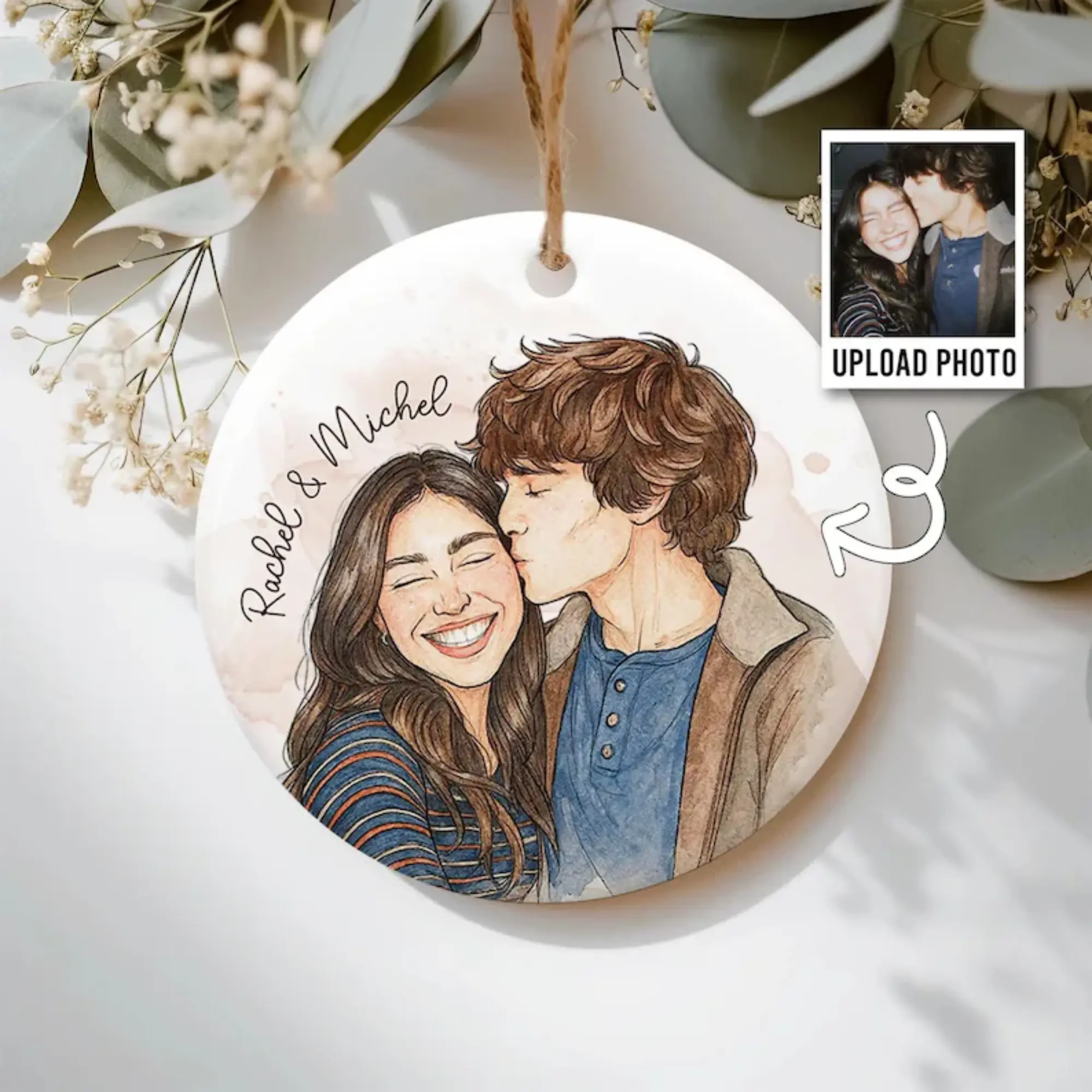 Custom Photo Ornament, Personalized Watercolor Photo Ornaments, Valentine Gift 2026, Family Portrait Ornament, Couple Gift