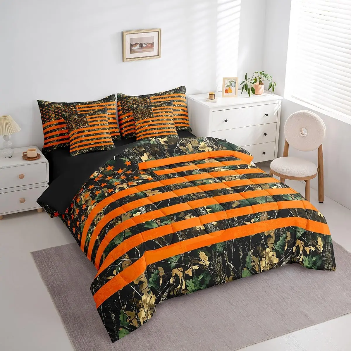 Orange Camouflage Bed in a Bag American Flag Comforter Set 7 Pieces Camo Military Style Tree Branches Bedding Set Botanic Bed Set with Comforter,Sheet Set,Pillowcases