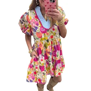 Mntaor Women's Rose Bright Floral Print Ricrac Trim Striped Patchwork V Neck Dress Cute Puff Sleeve Color Block Design for Summer Parties Beach Vacations & Date Nights Casual Womenswear