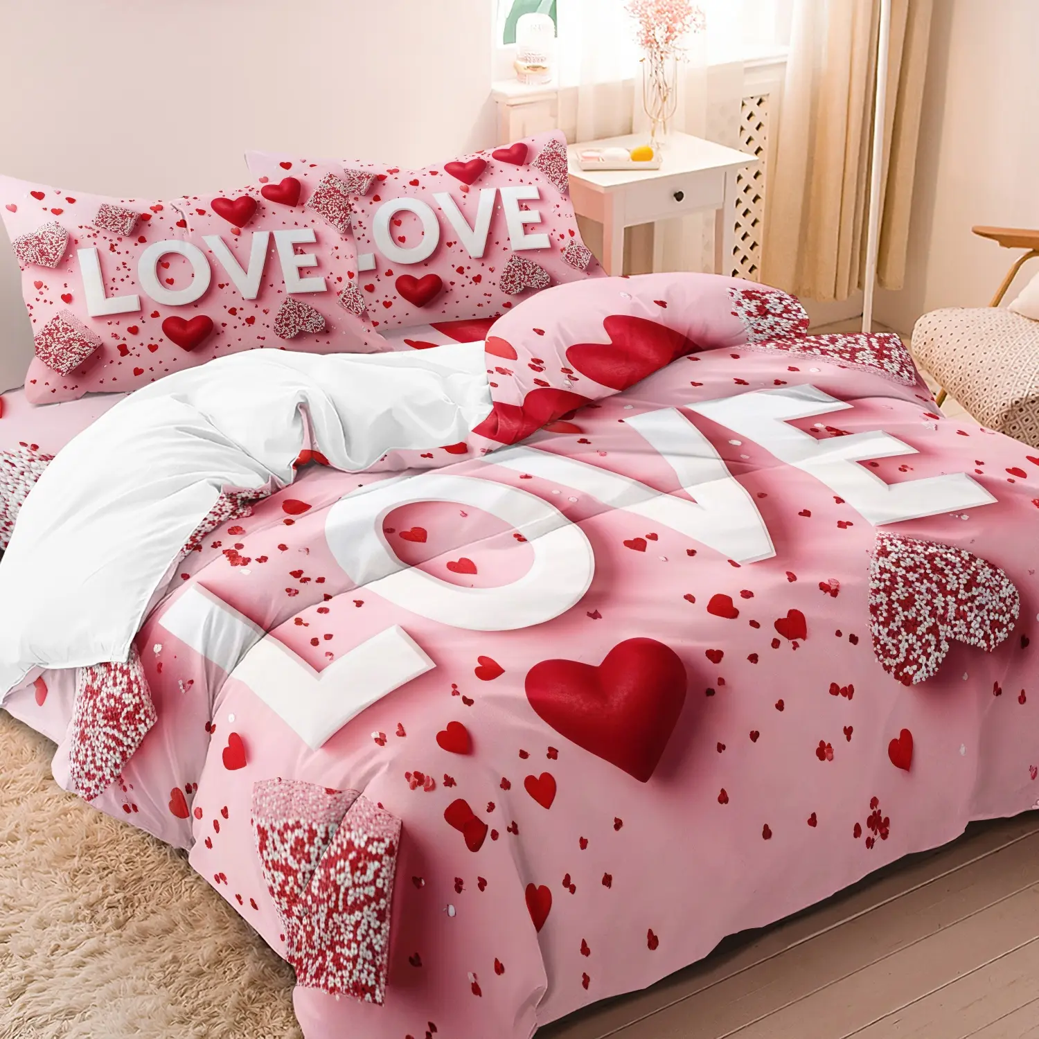 3pcs Valentine'S Day Romantic Pink Love Heart Print Bedding Set, Decorative Theme Bedding Set (1Duvet Cover + 2Pillowcases, Without Core), LOVE Design with Red Hearts, Machine Washable, Ideal for Bedroom Decor, Zipper Closure, Valentine'S Gift