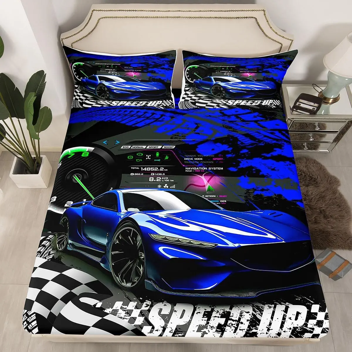 Feelyou Microfiber Race Car Complete Sheet Set - Twin/Queen Sizes, All Over Print Fitted Sheets with Deep Pocket Elastic Fit, Vibrant Sports Car Graphics, Luxury Buffalo Plaid Bed Cover, Machine Washable Pillowcases