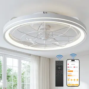 Modern Flush Mount Ceiling Fan with LED Lights, 3 Color Temperatures Dimmable Fan Light with Reversible Airflow, Quiet Bladeless Ceiling Fan with Remote & APP Control for Bedroom Living Room Dining Room#Summervibes