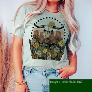 Vintage Boho Graphic Tee Shirt Southwestern Cowgirl T-Shirt Boho Tshirt Coyote Cow Skull Inspired Tee  Cowprint T-Shirt Western Cowboy Tee Casual Top Womenswear Comfortable