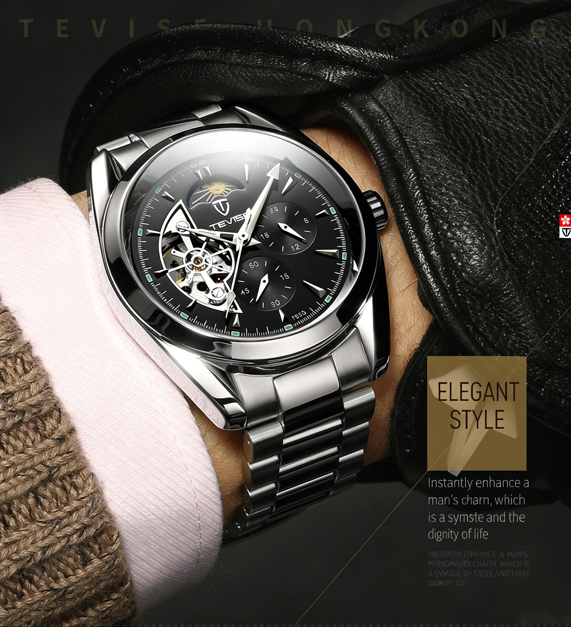 Luxury Men's Skeleton Watch, Moon Phase, Automatic Movement, Business Stainless Steel Wristwatch Luxury Men's Skeleton Watch, Moon Phase, Automatic Movement, Business Stainless Steel Wristwatch