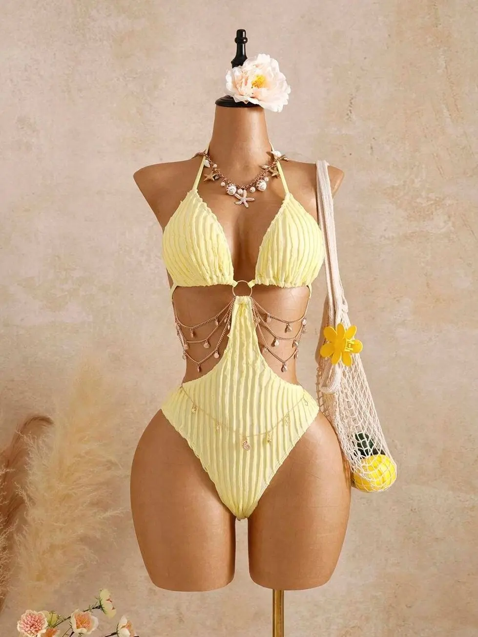 Bellisia Pastel Yellow Textured Jacquard Cutout Monokini | O-Ring Halter Swimsuit with Shell Body Chain | Sexy Beach Resort Wear