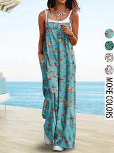 2026 New Summer American Bohemian Style Adjustable Shoulder Straps Spaghetti Strap Sleeveless Floral Print Fit Casual Halter One-Piece Jumpsuit, Womenswear Women's Fashion Romper