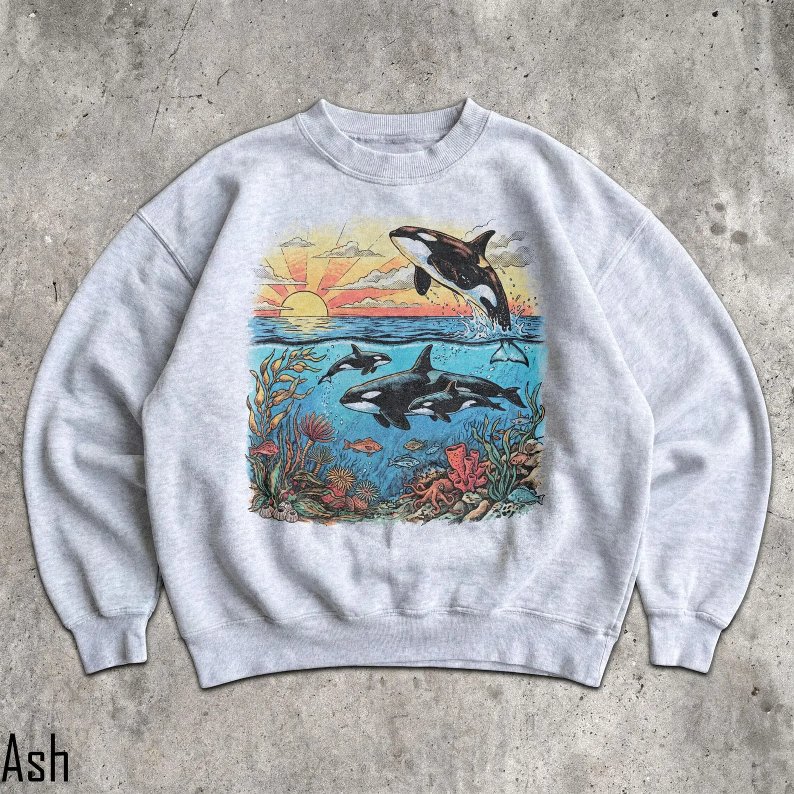 Vintage Orca Killer Whale Sunset Ocean Graphic Sweatshirt And T-Shirt | Marine Life Sea Animal Aesthetic Graphic Pullover Oceancore Nature Lover Gift