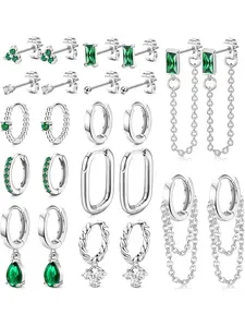 12 Pairs Green Earring Sets for Multiple Piercings Stainless Steel Gold Plated Earrings Set Chain Hinged Dangle Hoop Earrings Green Small Cubic Studs Pack Emerald Earrings for Women
