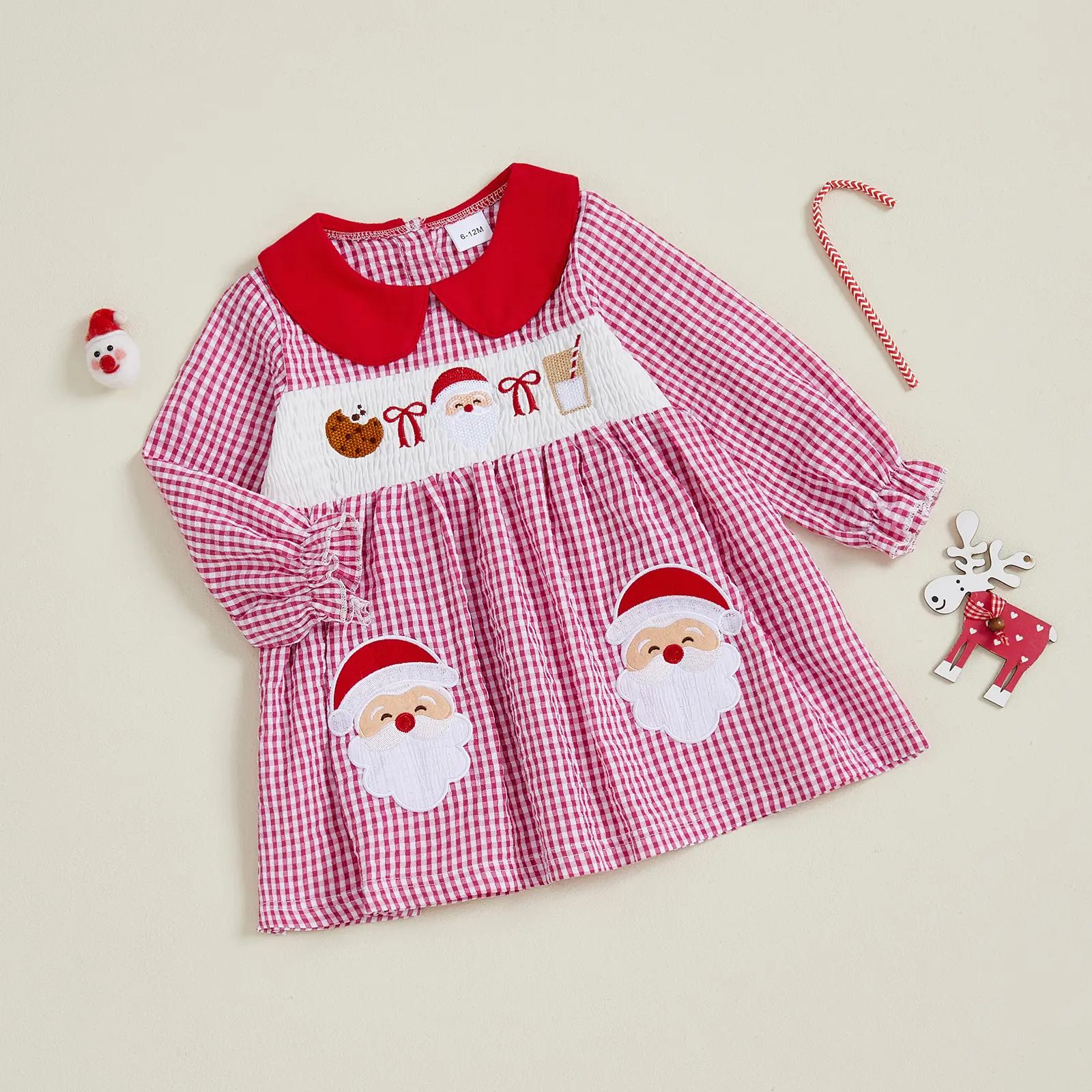 Toddler Baby Girls Plaid Dress Christmas Doll Collar Santa Embroidery Long Bubble Sleeve Dress Fall Winter 6M-5Y