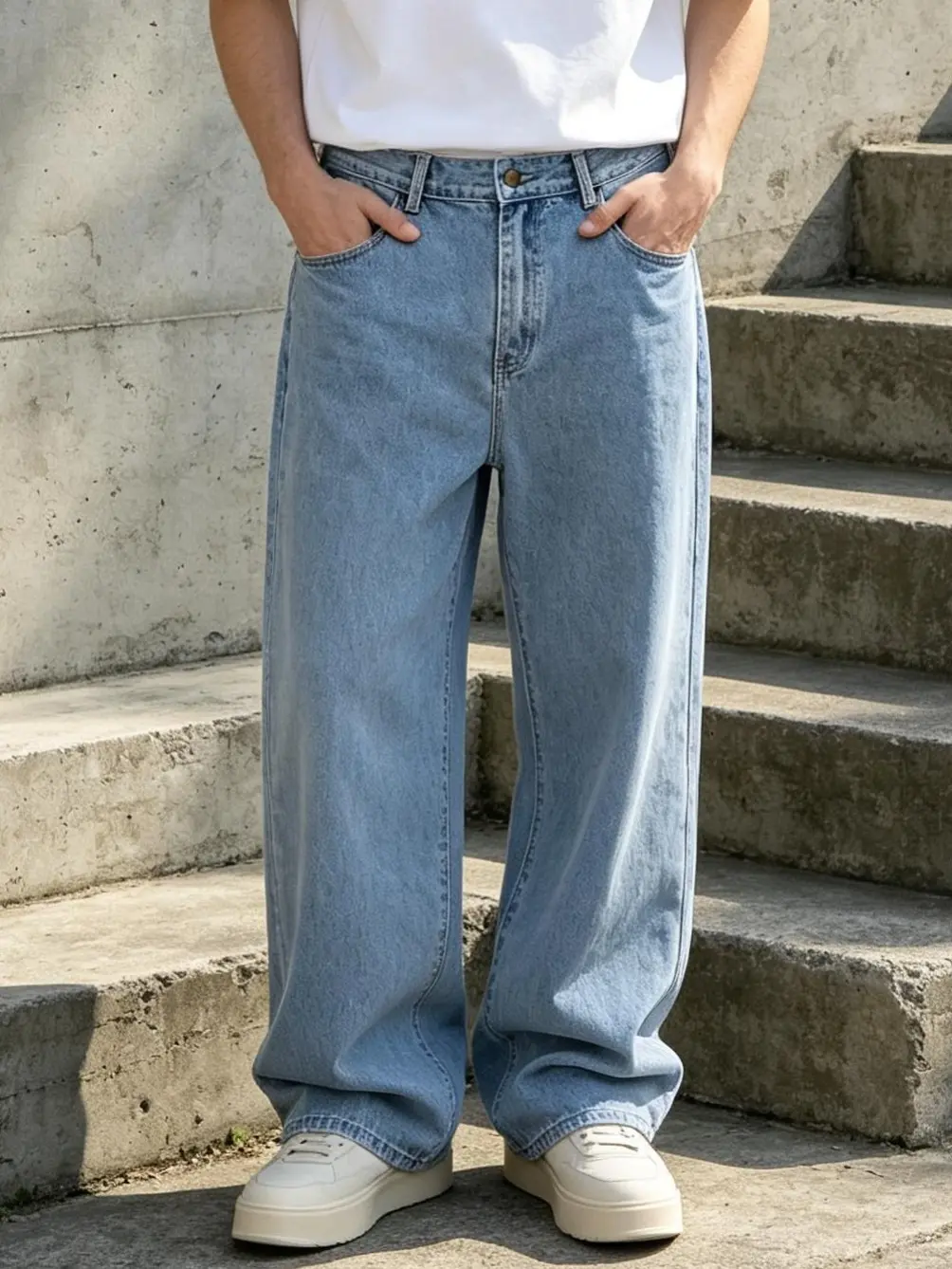 Men’s solid-color stretch wide straight-leg jeans with five pockets, loose wide-leg cut, clean basic washed denim fabric, comfortable stretchy fit, elastic five-pocket jeans suitable for skateboarding, commuting, and everyday wear; high-quality denim fabr