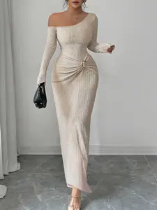 Women's Elegant Chic Asymmetric Neckline Dress, Plain Color, Twist Texture, Fitted, Tight Fit, Party Gown, Formal Wear, Commuter Style, All Seasons