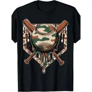 Baseball Drip for men Ice Cream Dripping men Baseball Camo T-Shirt[Cool Design] Street Trending Style men's Tee Comfortable Cotton Round Neck Shorts Same Gender Design and Sleeves Men's T Shirts