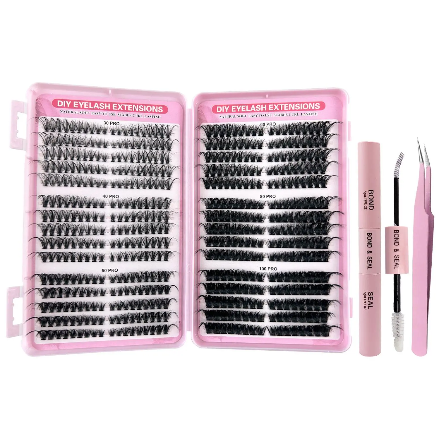 3 in 1 set 540 pcs Fluffy Lash Clusters Eyelash Extensions Kit with Tweezers Bond & Seal 8-16mm Light Volume Wispy Professional Makeup Lashes Easy DIY Non Irritating High Quality 3D Lash Bottom Supplies Set