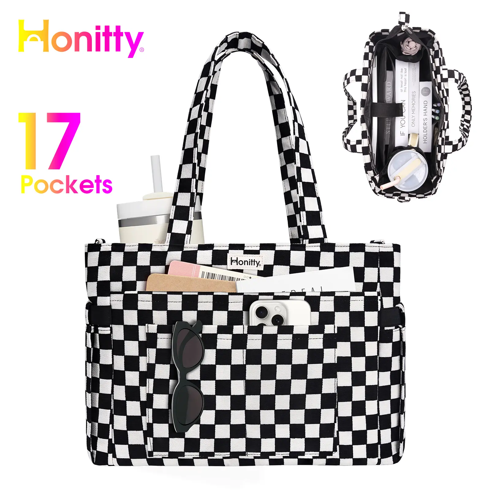 HONITTY Corduroy Tote Bag for Women, 17 Pockets Laptop Work Tote Purse | Large 15.6” Computer Bag w/ 40oz Cup Holder & Strap, Zipper Teacher Nurse Bible Shoulder Bag for School Travel College Office