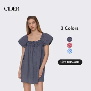 Cider Gingham Mini Dress – Smocked Square Neck Puff Sleeve Cotton, Cottagecore Retro Chic Style for Daily Casual Picnic, Summer High Rise Empire Waist Fit-and-Flare Gown SwimWeek