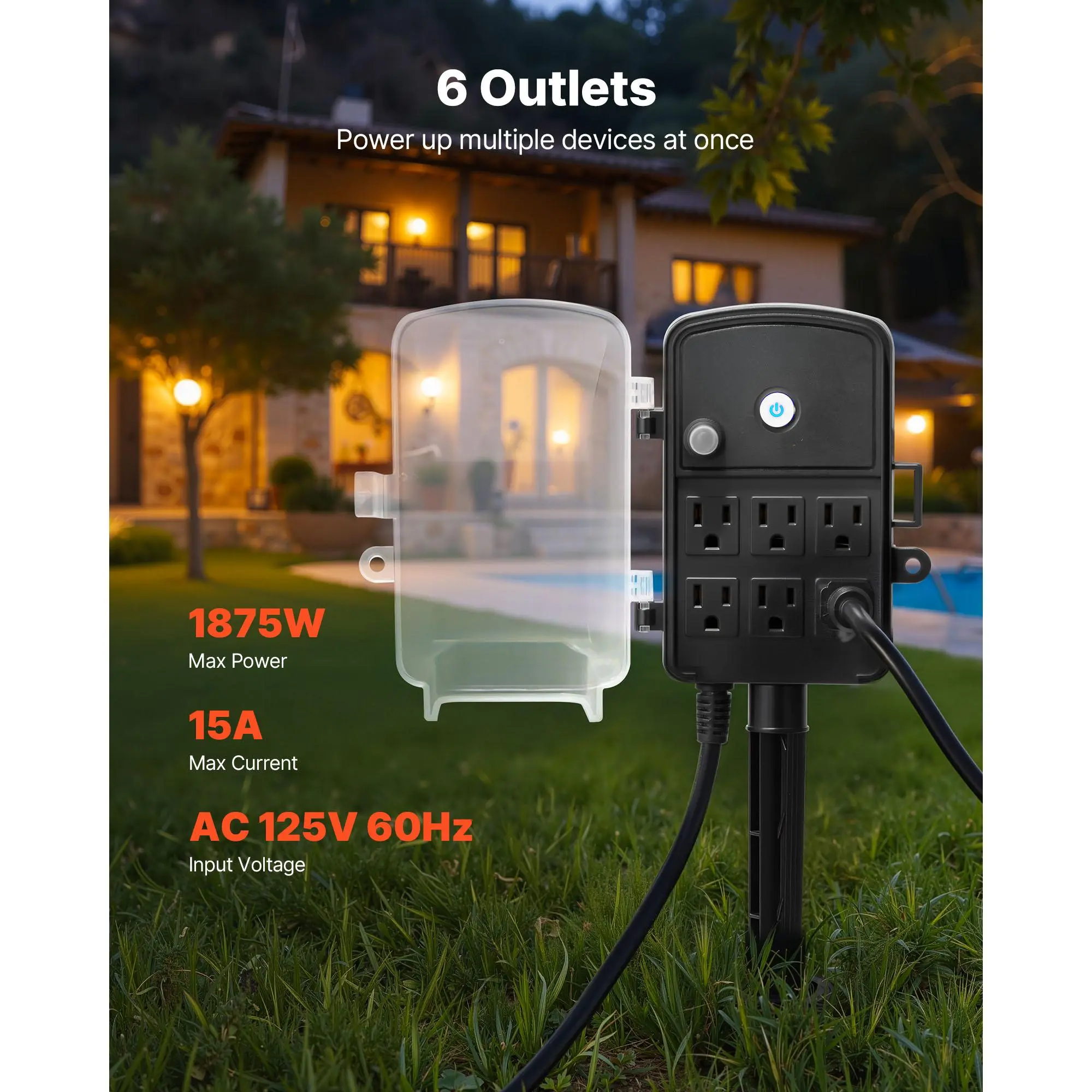 【Summerfinds】VEVOR Outdoor Power Stake,  , 25 FT Extension Cord, Outdoor Power Strip Weatherproof with Cover and Overload Protection, 6 Outlets, 15A/1875W, Waterproof Multi-Outlet Yard Stake for Christmas Lights