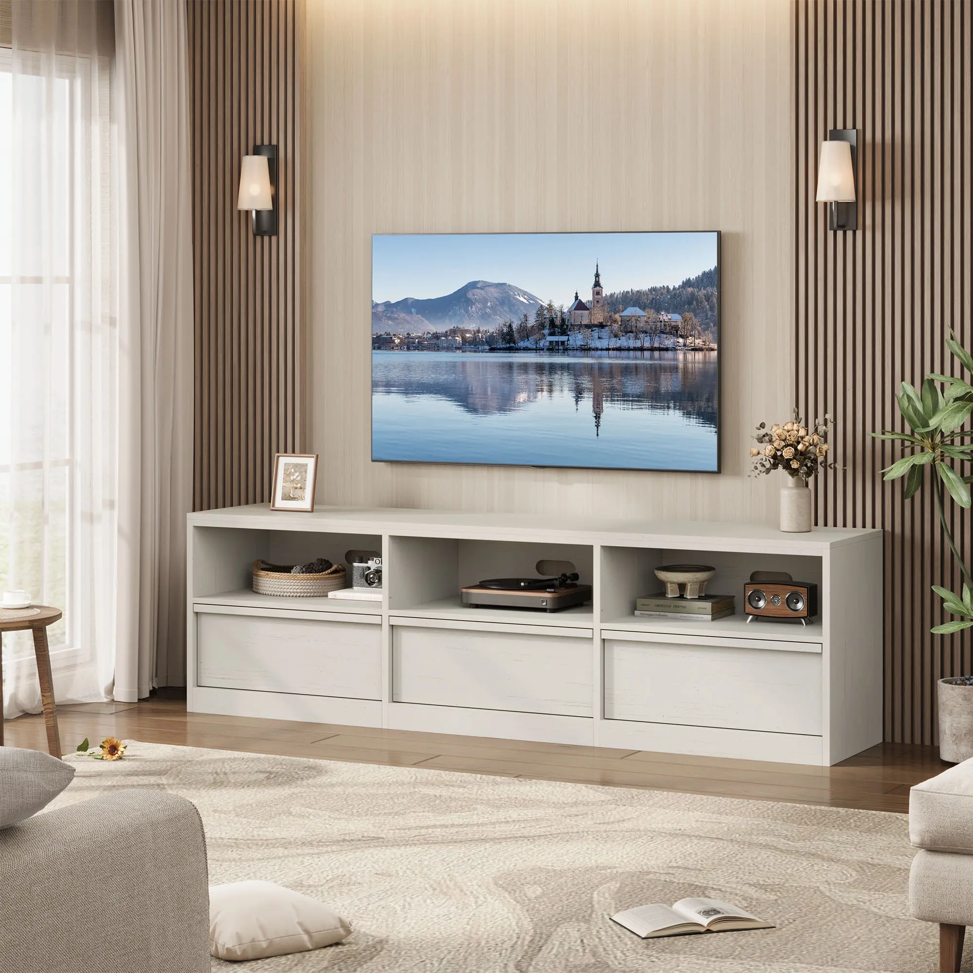 OP-Mid Century Modern TV Stand 70" - Heavy Duty Steel-Framed Entertainment Center with Sliding Barn Doors, Open Shelving & Storage Drawer, Fits TVs up to 85", Rustic Oak and Black Finish, Ideal for Living Room & Bedroom