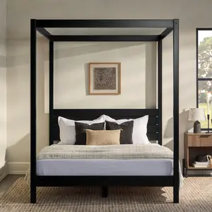 Walker Edison ISLB5CBL Minimalist Boho Canopy Bed - Queen Size, Black, Simple Headboard, Custom-Assembled, Frame Material, Indoor, Minimalist Modern, Modern Style, Custom-Assembled Beds, Frame Material Beds