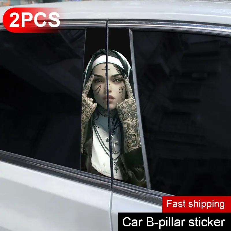 2026 New 2pcs Smoking Nun Car Stickers DIY Car Door Pillar Stickers Car B-Pillar Waterproof Stickers Cover Scratch Decals Nun Stickers For your Cars