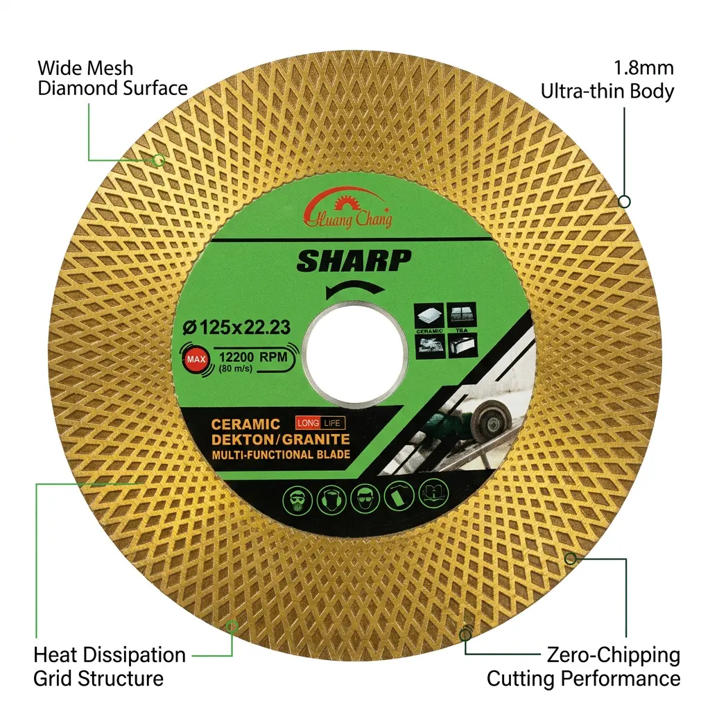 5 Inch Mesh Turbo Diamond Blade (0.07" Ultra-Thin) - Chip-Free Cutting Grinding Disc for Dekton, Porcelain, Ceramic, Granite Flat Surfaces (1/3 Pcs, HC-125-Mesh-Turbo)
