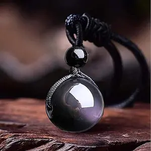 Natural 16mm Round Rainbow Obsidian Stone Pendant Men Women Lucky Protection Necklace Black Obsidian Talisman Necklace for Men Women
