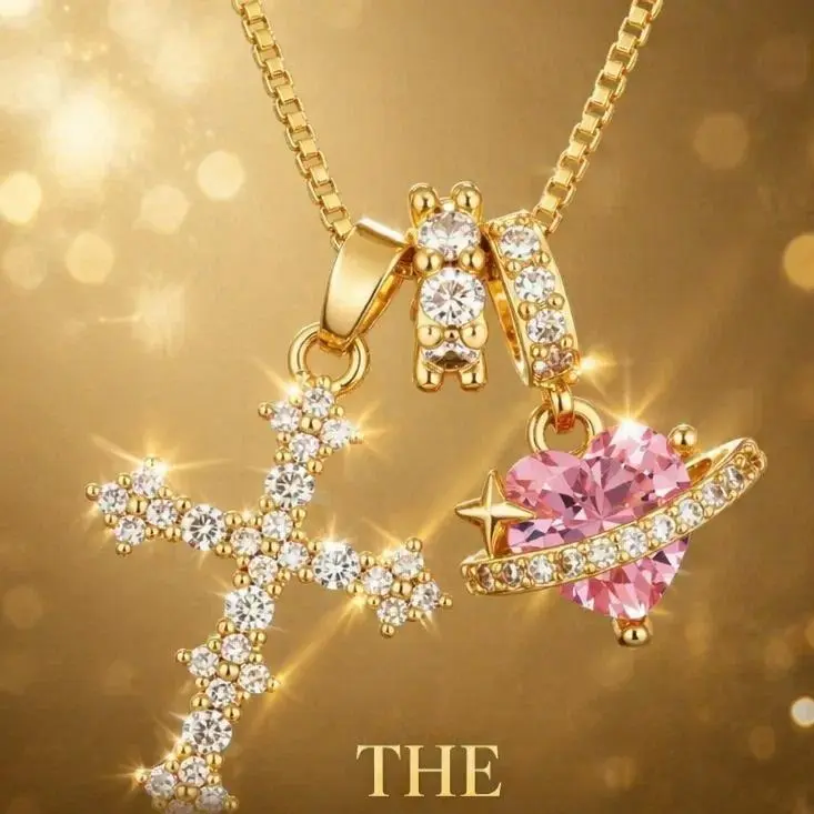 Women's Gothic Romantic Cross & Pink Heart Pendant Necklace - 40cm+5cm Adjustable Hypoallergenic AAAAA Cubic Zirconia Spiritual Jewelry, Gold Aesthetic, Ideal for Anniversary Gifts & Everyday Wear, Cubiczirconia, Accessories For Women, Gifts For Girly Gir