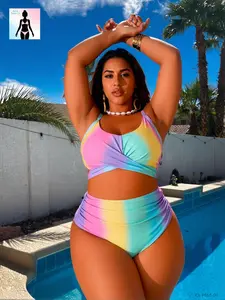 Aura Swim Women's 2-Piece Curve Bikini Set - V-Neck Rainbow Tie-Dye, High-Waisted Tummy Control, Twist-Front, Adjustable Straps, Plus Size Swimsuits, Swimsuit Plus Sizes, Summer Beach Sports Swimwear Essential