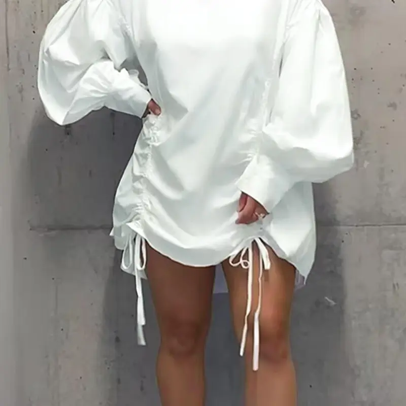 Women's Solid Lantern Sleeve Mock Neck Shirt Dress, Casual Elegant Dress, Casual Fashion Style Elegance Drawstring Knot Design Long Sleeve Dress Fit For Daily Wear, Ladies Dress For Spring & Fall Womenswear