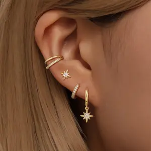 Tewiky 4 Pairs 14K Gold Plated Hoop Earrings Set for Women - 14k Plated Huggie Dangle Stack - Trendy Multiple Piercing Hypoallergenic Stud CZ Ear Cuff - Non Tarnish Jewelry for Valentine's Day gifts