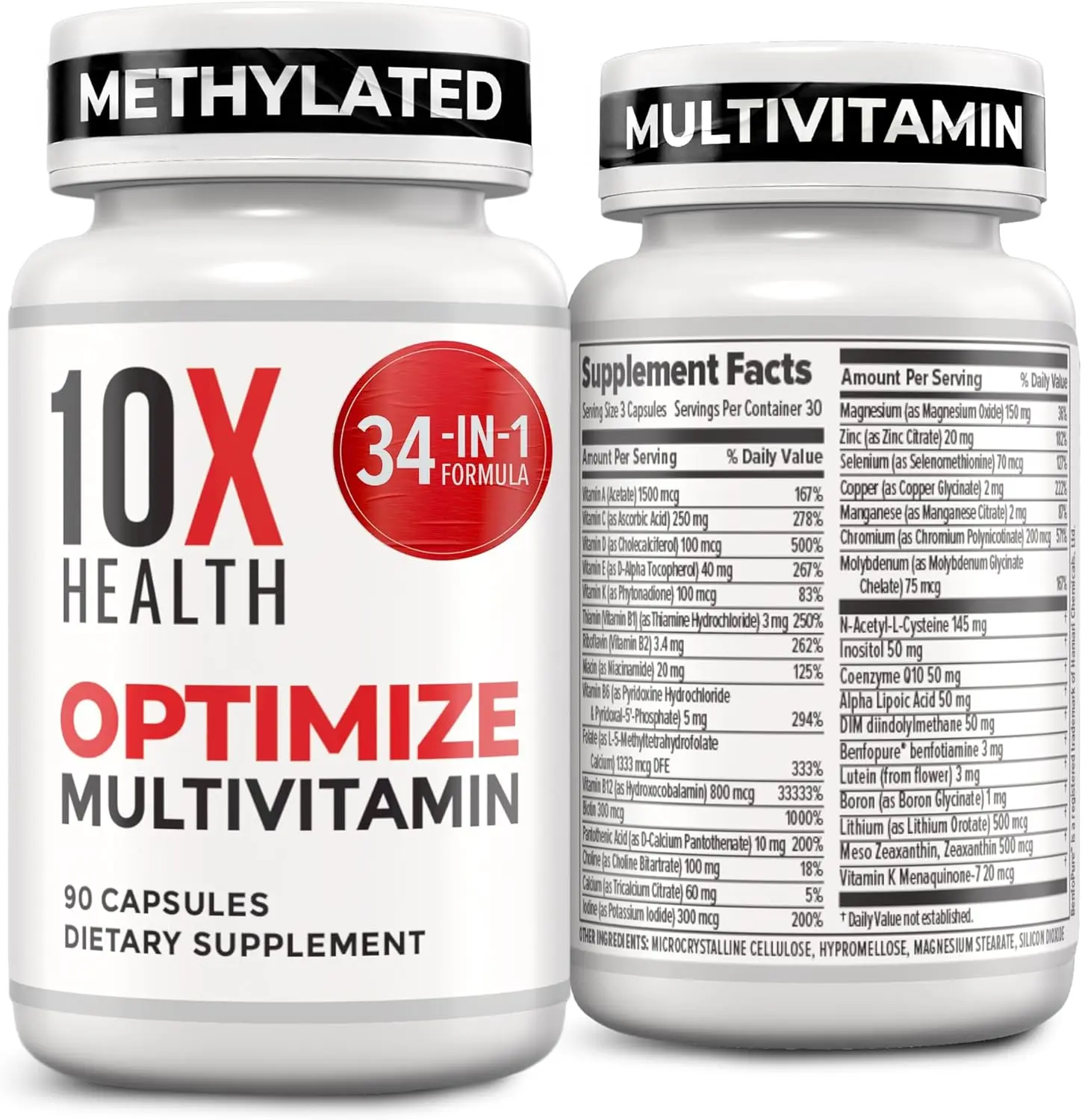 Methylated Multivitamin Capsules for Men & Women – 34-in-1 Daily Formula with Vitamin B12, 5-MTHF, NAC, B-Complex & Essential Minerals, 90 Capsules