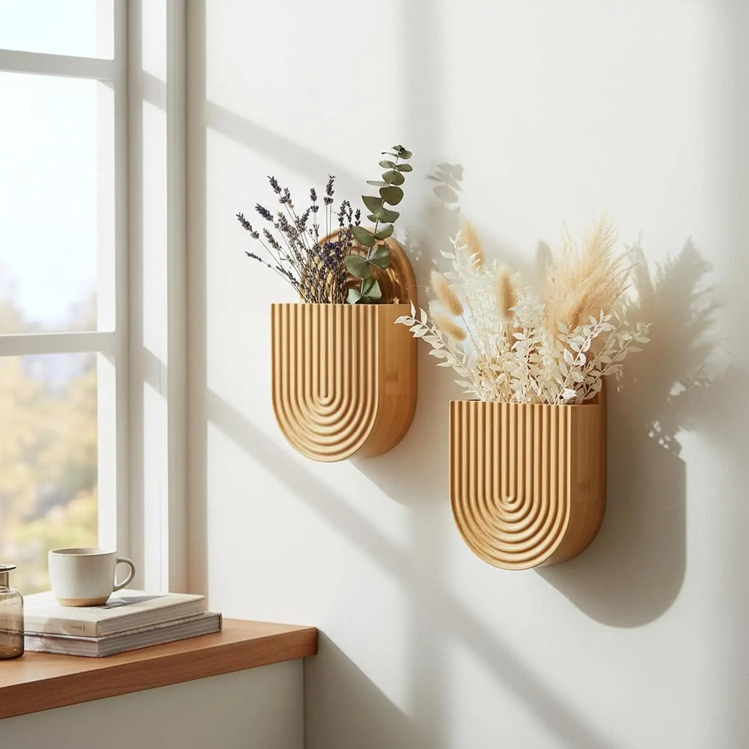 2-Piece Pocket Shape Bamboo Flush Mount Home Decorative Vase Set, Boho Indoor Plant Holder for Entryway, Living Room