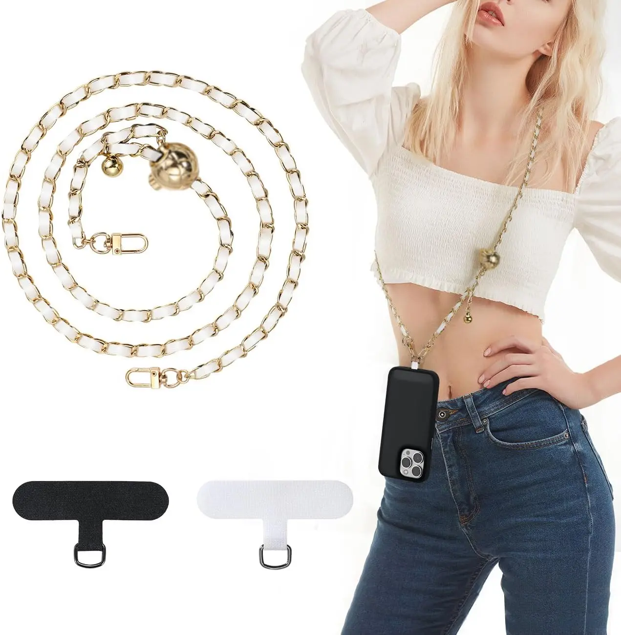 Gold & White Durable Metal Anti-Theft Phone Lanyard with Charm, 2-Pack Tabs, Hands-Free Accessory for Men, Adjustable Length, Universal Fit for Most Smartphones, Riding & Walking Use, Gold Phone Straps & Charms, Accessories, Parties