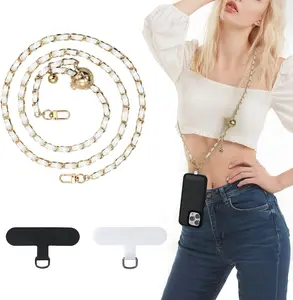 Cell Phone Lanyard Crossbody Adjustable Metal Cellphone Chain Universal Anti-Theft Phone Strap Compatible with Most Smartphones Gold & White