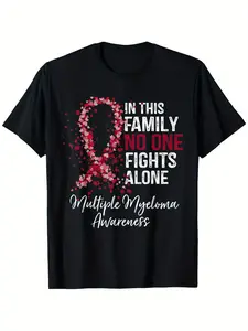 In This Family No One Fights Alone Multiple Myeloma T-Shirt Suitable for Unisex Personality Casual Round Neck Outdoor Short-sleeved T-shirt Slightly Elastic 100% Cotton S-XXXL