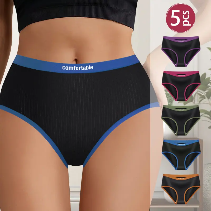 5PCS QUASTI  Women's Soft Cotton Briefs High Waist Briefs Breathable and Fit Slim Waist Contrasting Colors Simple and Exquisite