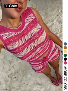 Women's Knit Set Casual Chic Striped Hollow Out Sexy Slim Fitted Elastic Shorts Tank Top Spring Summer Sleeveless Two Piece Knitted Set Womenswear (random Pattern) Clothes