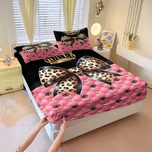 3Pcs Elegant Queen Fitted Sheet Set, Pink Quilted Design with Floral and Heart Patterns, Leopard Print Bow and Golden Crown, Luxurious and Stylish Bedding for a Royal Bedroom Makeover, Lncludes 1 Fitted Sheet, With 2 Coreless Pillowcases, Bed Sheets Set