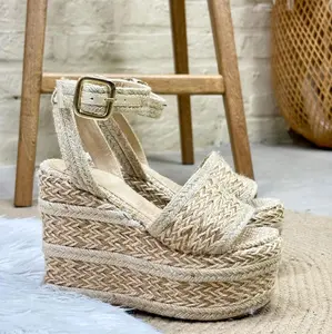 BELLACA __Sandal with 12 cm Platform Height - Beige Woven Design Ankle Strap Shoe