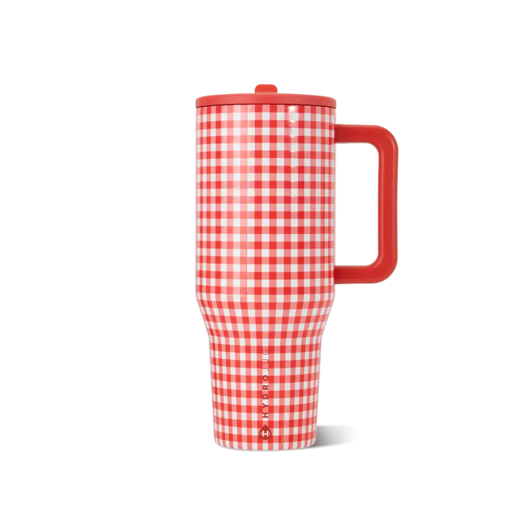 HydroJug 40 oz Red & White Plaid Vacuum-Insulated Stainless Steel Travel Tumbler — 100% leakproof and splashproof, includes handle and straw, compatible with car cup holders, perfect for fitness use